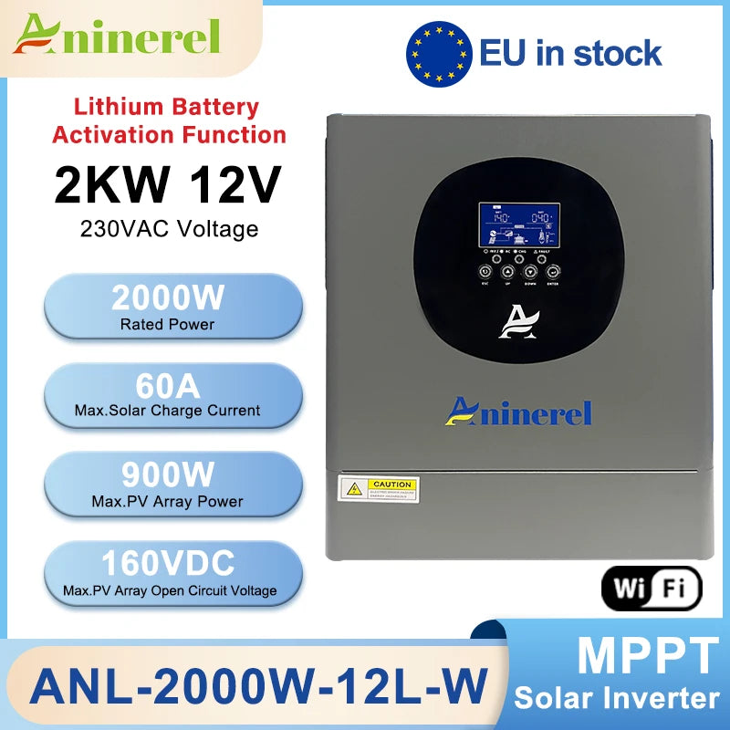 2kW 12V Hybrid Solar Inverter With Color LCD Display, MPPT 60A, Lithium Activation Via PV Or Utility, WiFi Remote