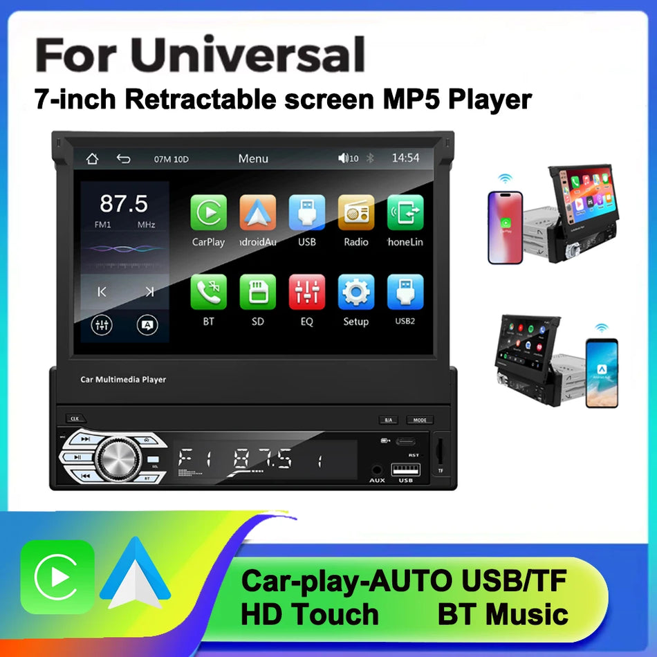 Безжичен CarPlay Android Auto 7-инчов сгъваем 1-Din MP5 автомобилен стерео с FM