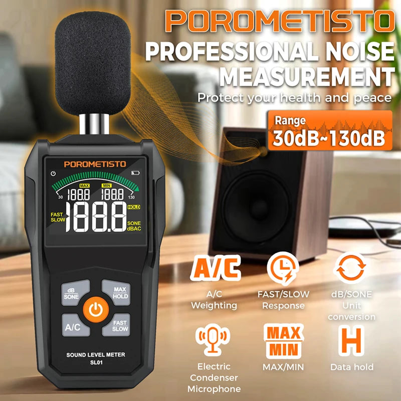 Digitální měřič hladiny zvuku 30-130 dB, přenosný decibelový monitor