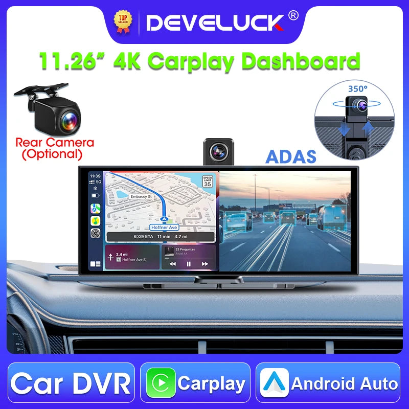 Develuck 11.26 4K Dash Cam ADAS Přední Dvojitá Objektiv CarPlay