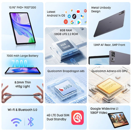 Chuwi AuPad 10.95 Tablet &ndash; Ultra Slim 4G LTE Android 14