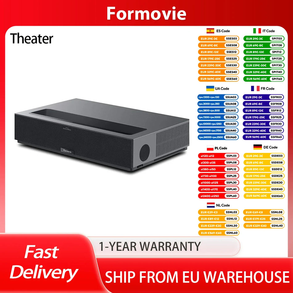 Formovie Theater Ultra Short Throw 4K Laser Projektors ar Android TV 11, Dolby Vision un Atmos, HDR10 Plus