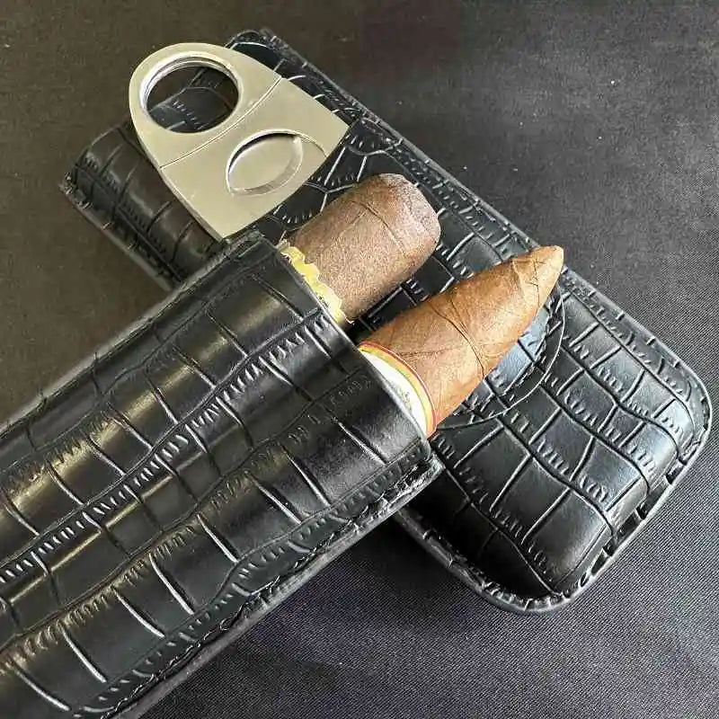 Custodia in pelle per tubo di sigari 2 scomparti con tagliasigari umidificatore da viaggio
