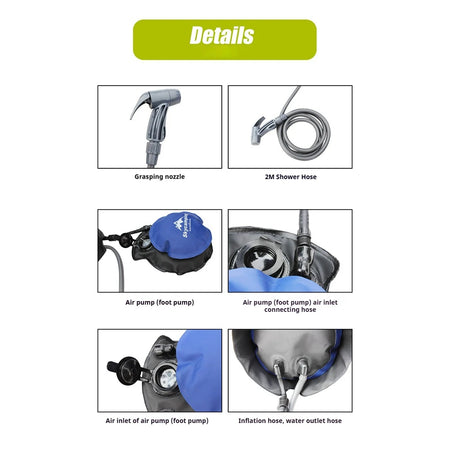 Portable Outdoor Shower with Foot Pump | Lightweight Inflatable Pressure Water Bag for Camping &amp; Beach | 11L Capacity