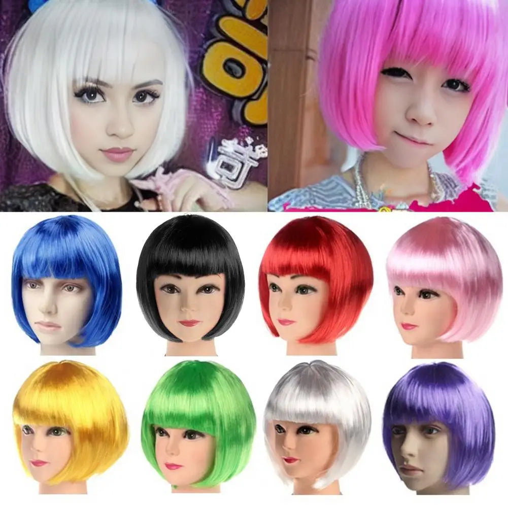 Vibrant Short Bob Wig with Bangs - Heat Resistant Synthetic Hair for Cosplay and Daily Wear