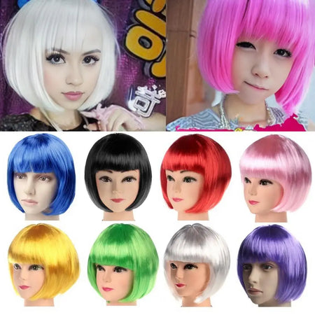 Vibrant Short Bob Wig with Bangs - Heat Resistant Synthetic Hair for Cosplay and Daily Wear