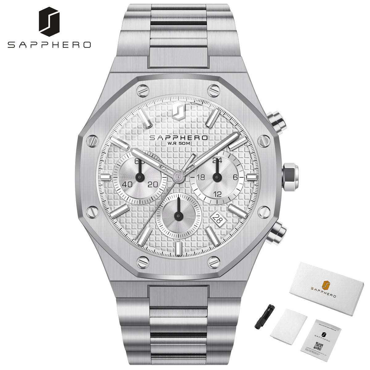 SAPPHERO Men's Watch &ndash; Waterproof Chronograph With Date Silvery-white