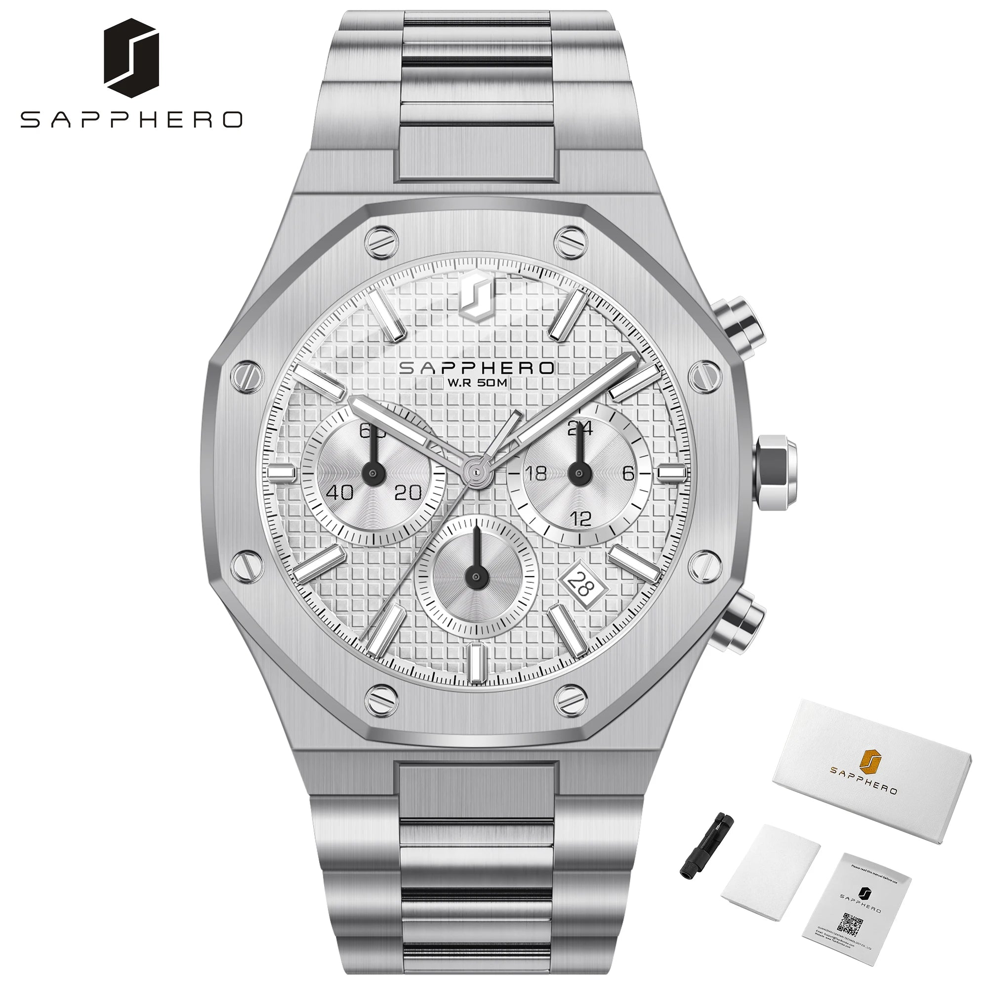 SAPPHERO Men's Watch &ndash; Waterproof Chronograph With Date Silvery-white