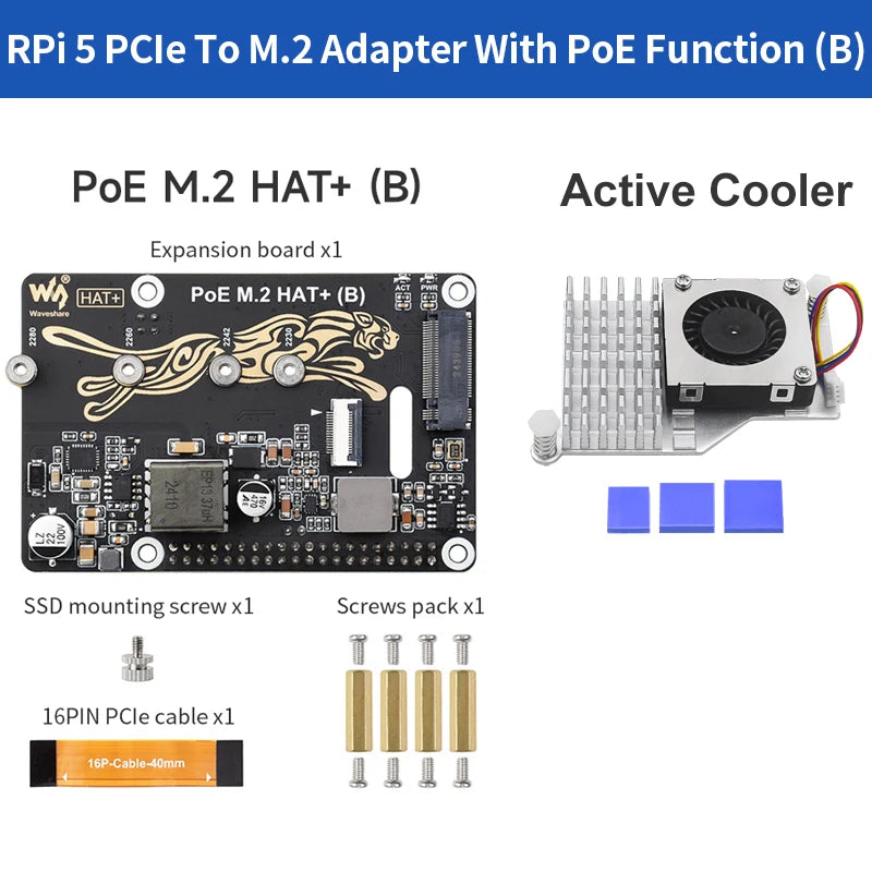 Raspberry Pi 5 PoE M.2 HAT Plus &ndash; High-Speed NVMe Solid State Drive Support Board-cooler