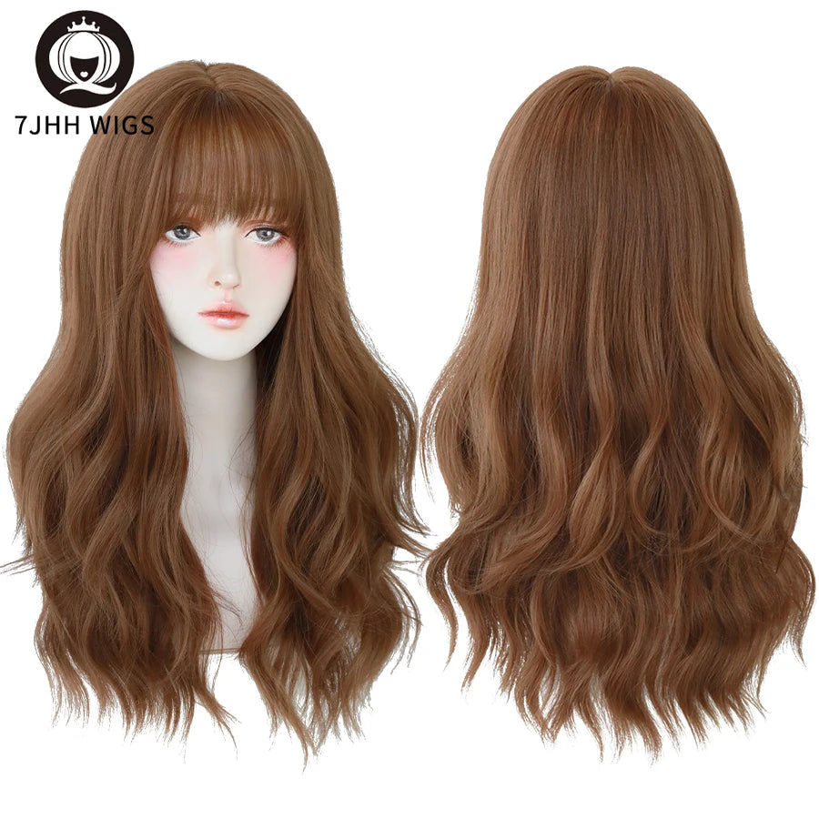 7JHH WIGS Brown Ash Long Deep Wave Wig with Bangs CT30-1
