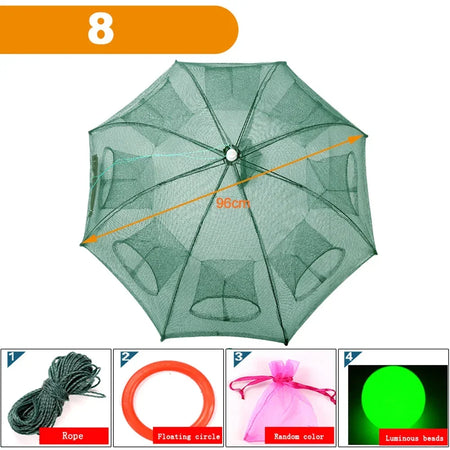 Portable Foldable Fishing Net Shrimp Cage - Automatic Nylon Fish Trap 8 HOLES