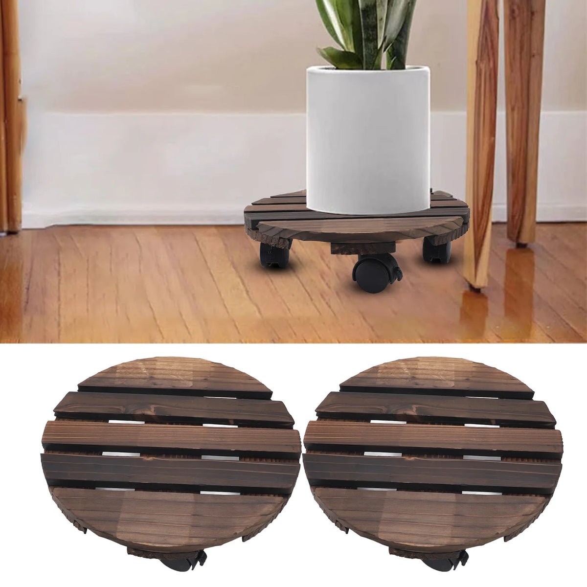 2PCS 11.8in Wooden Plant Stand With Wheels - 360 Rotation