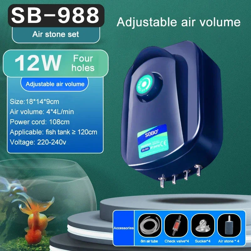 SOBO Silent Aquarium Oxygen Air Pump - Ultra Silent SB988 air stone set / CHINA