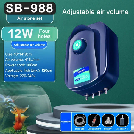 SOBO Silent Aquarium Oxygen Air Pump - Ultra Silent SB988 air stone set / CHINA