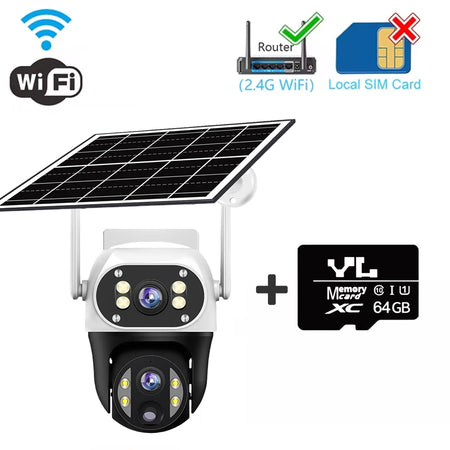 V380 12MP 3 Lens WiFi IP Solar Camera PIR Human Detection Night Vision Waterproof Security Video Camara 6K Battery CCTV Monitor WIFI Cam 64G Card