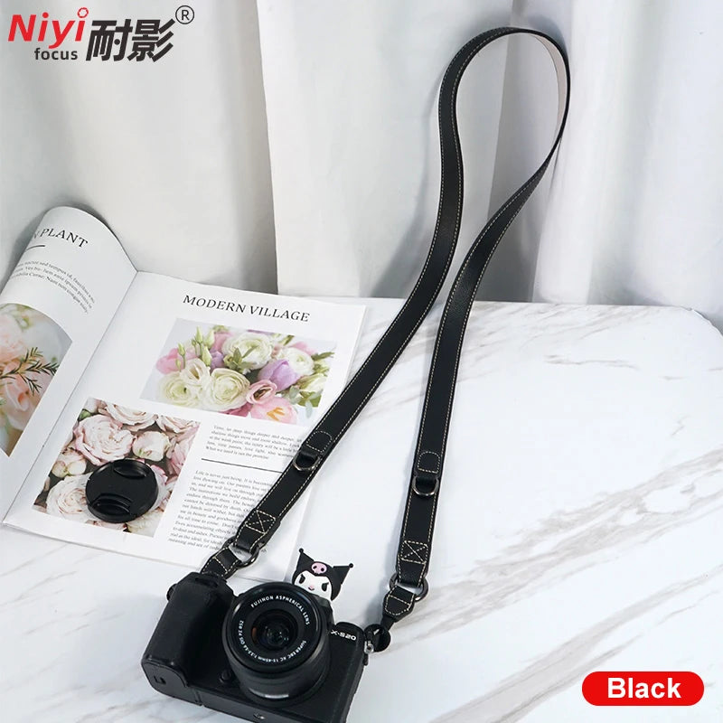 Camera Shoulder Strap for Sony, Canon, Nikon, Fuji - Retro Leather Design D-Leather-black