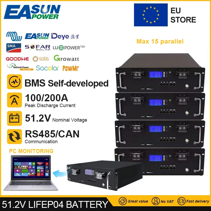 LiFePO4 baterie 48V 100Ah 5kW balení s RS485 BMS pro solární a domácí použití, paralelní 15p, 6000+ cyklů života