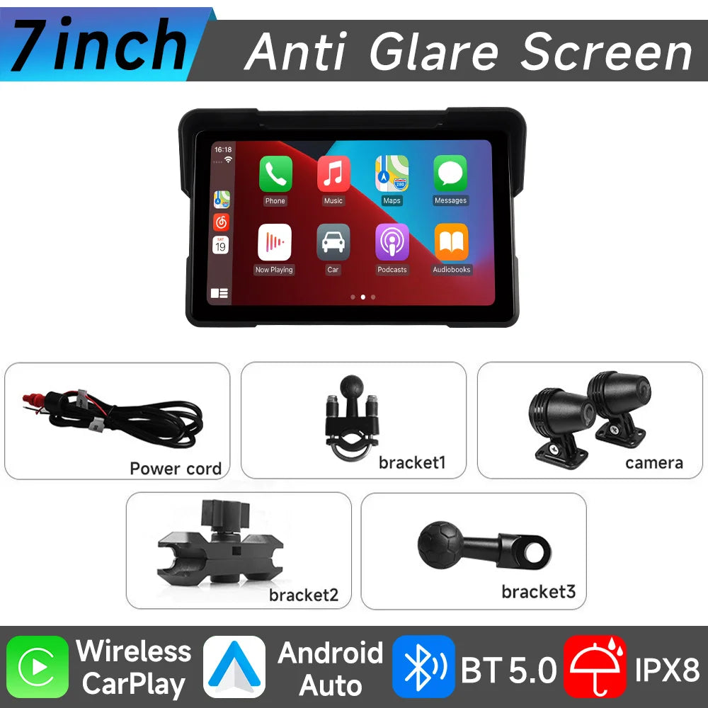 JIUYIN 7 Inch Motorcycle GPS Navigation Recorder &ndash; IP67 Waterproof with Wireless CarPlay and Android Auto M572 DVR / CHINA