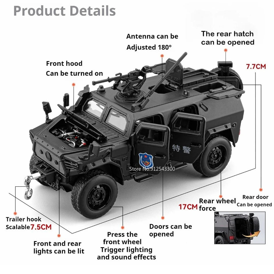 Model de jucărie din metal turnat al unei mașini blindate pentru Dongfeng Mengshi 1:32 Tigru cu dinți de sabie