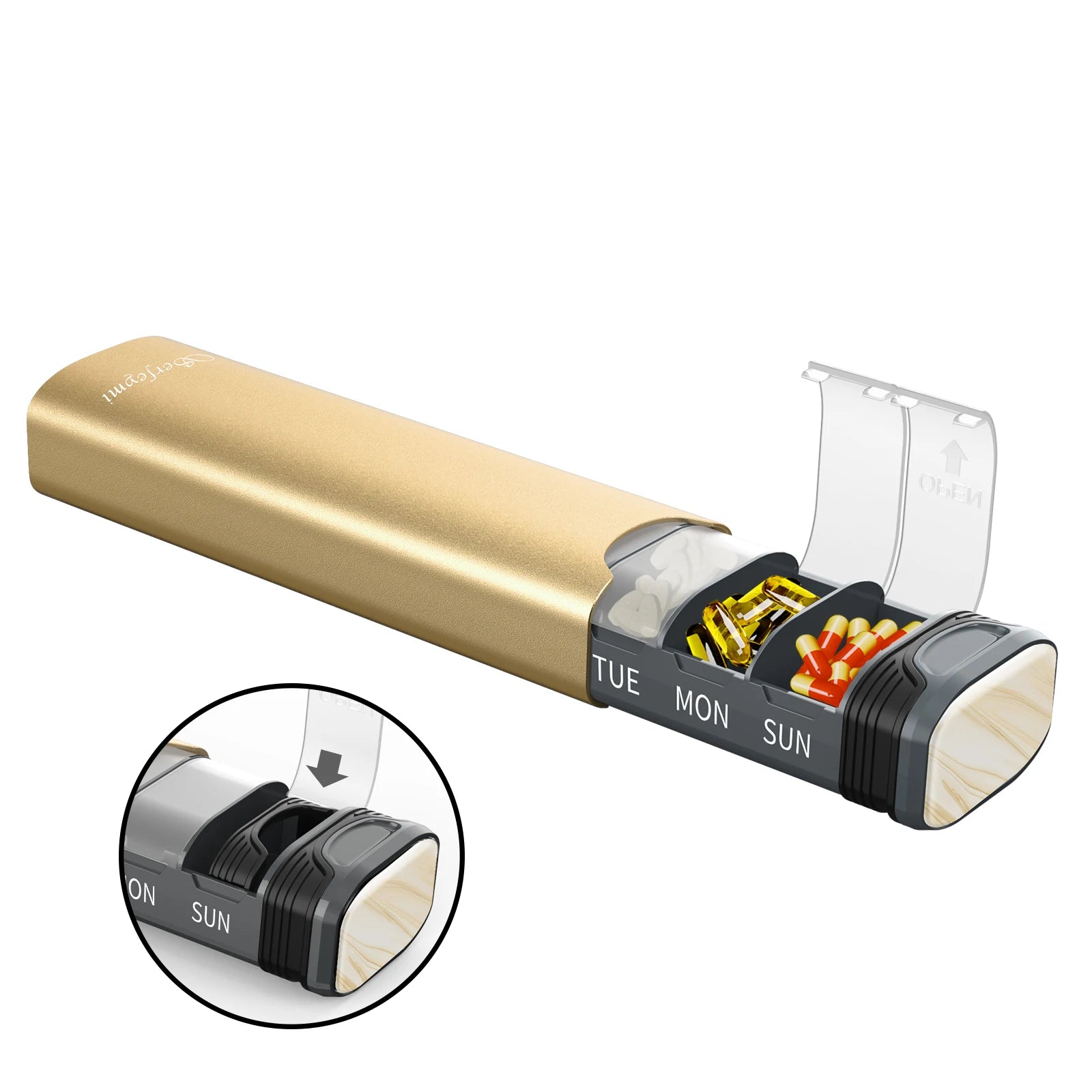 Serfeymi Metal Weekly Pill Organizer &ndash; 7-Day Travel Convenience Glod