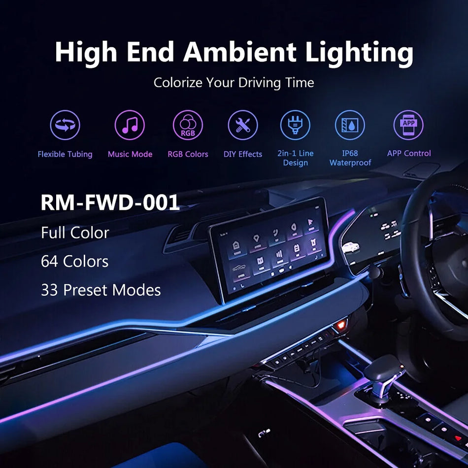 Automobilio aplinkos apšvietimo rinkinys su 64 spalvomis, RGB LED juostos, „Bluetooth“ programėlės valdymas