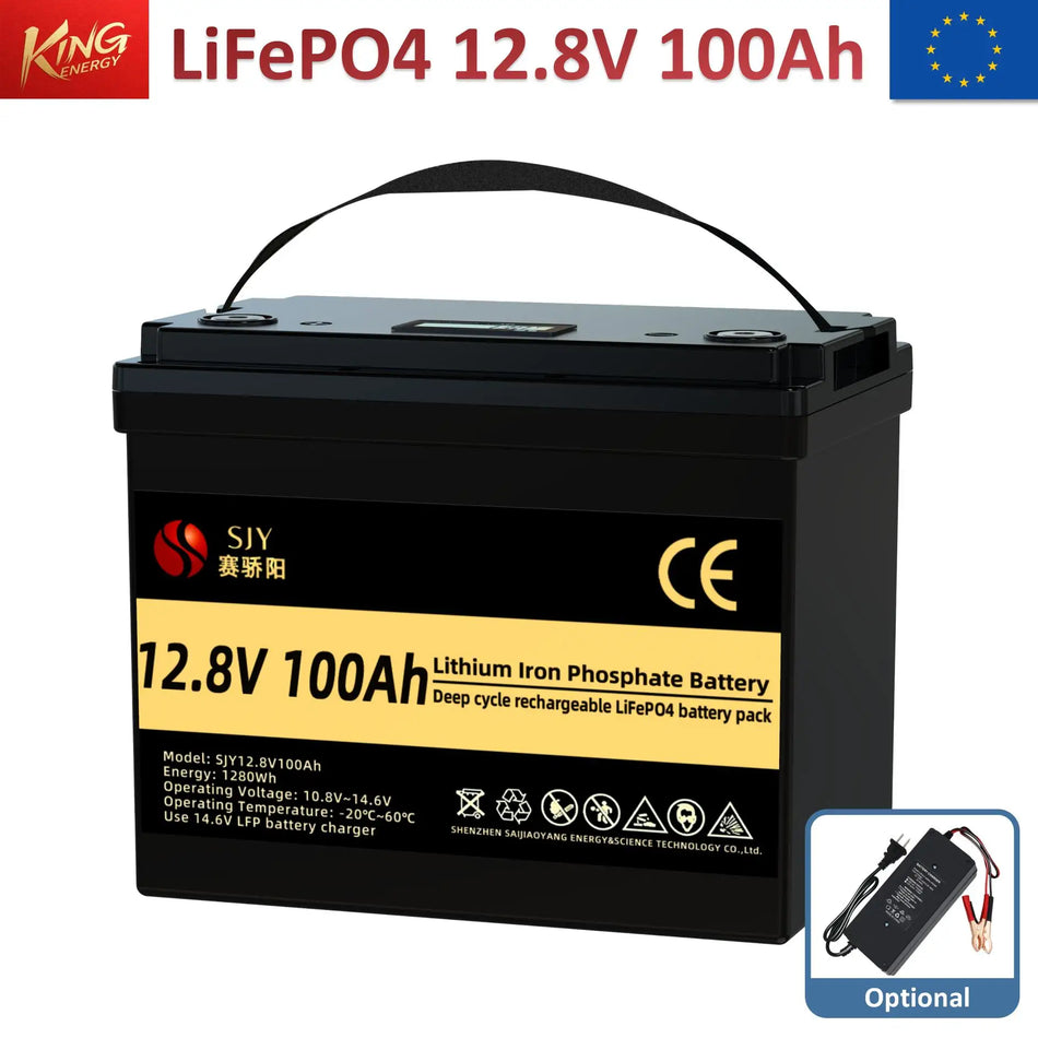 SJY C043 12.8V LiFePO4 Akku Paketti 100Ah matkailuautoille, veneille, aurinkovarastoon, golfkärryille, 1280Wh