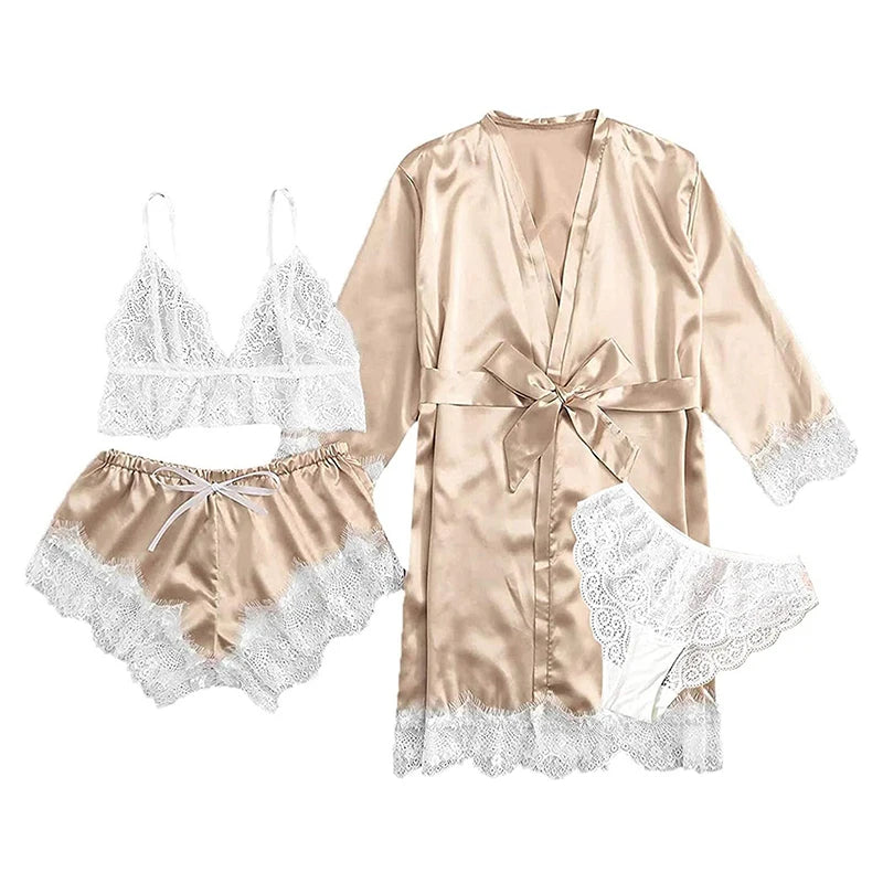 Women's Sexy Lace Satin Pajama Set - 4 Piece Sleepwear Collection Skin colour / M