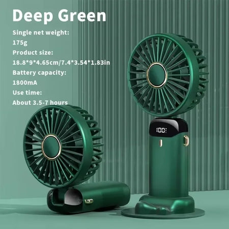 Handheld Fan 3000mAh &ndash; LED Display and USB Rechargeable Green