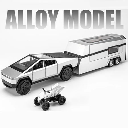 1/32 Scale Alloy Cyber Toy Pickup Truck with Sound and Light Features SilveryWithMotorbike