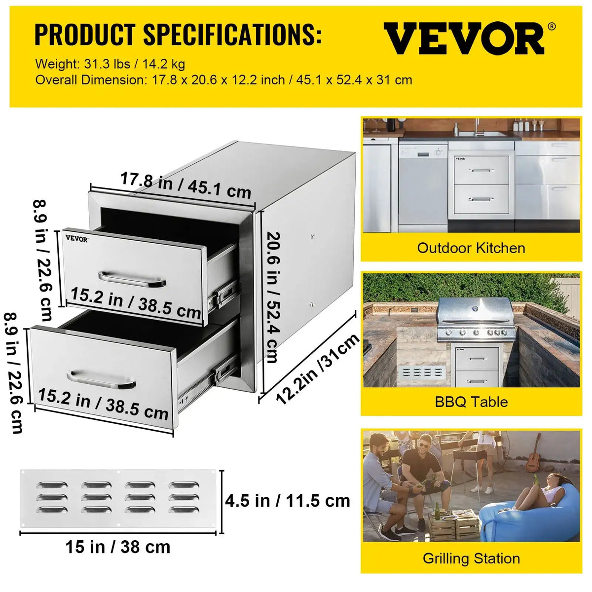 Stainless Steel Outdoor Drawers With Handle BBQ Island 18Wx20.5H Double / CZECH REPUBLIC