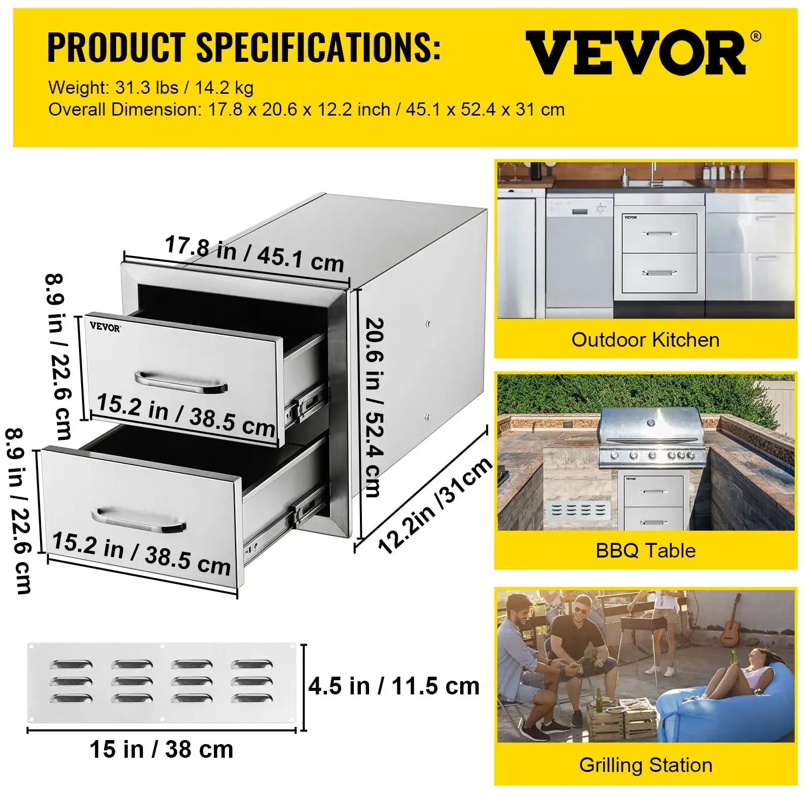 Stainless Steel Outdoor Drawers With Handle BBQ Island 18Wx20.5H Double / CZECH REPUBLIC