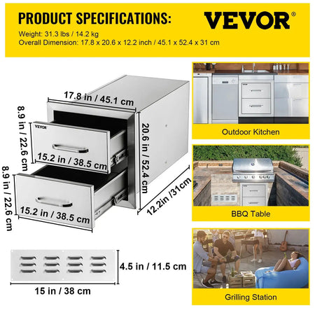 Stainless Steel Outdoor Drawers With Handle BBQ Island 18Wx20.5H Double / CZECH REPUBLIC