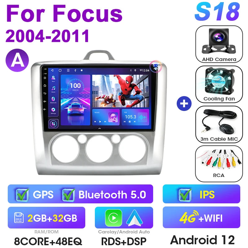 2 Din Android 12 Car Radio For Ford Focus 2 3 Mk2 Mk3 2004-2011 &ndash; Multimedia GPS With 4G Carplay S18-Camera-A