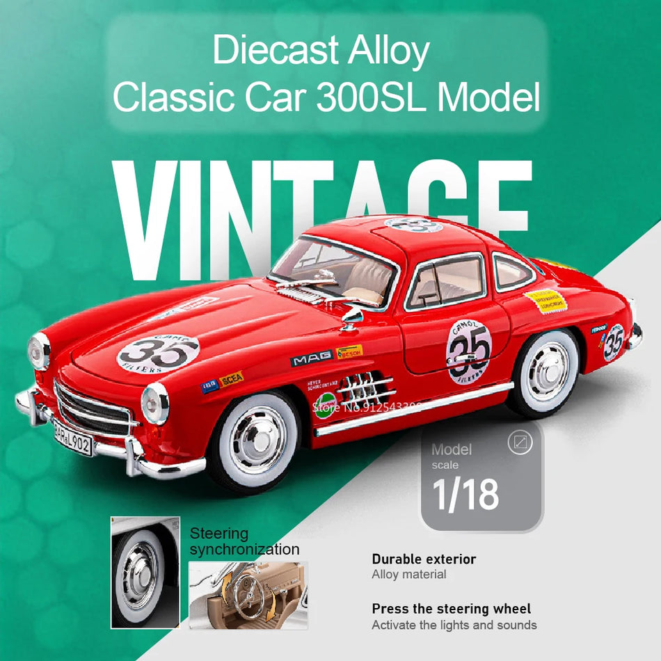 Model de mașină din metal turnat pentru Mercedes-Benz 300SL cu sunet și lumini