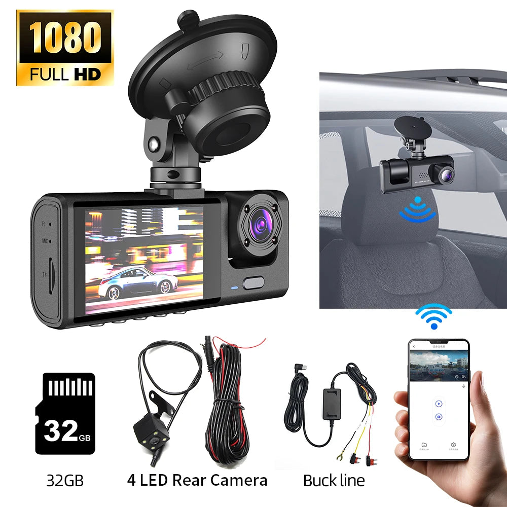 Dash Camera Night Vision 3-Lens DVR &ndash; 1080P IPS Screen 4LED BUCK 32G