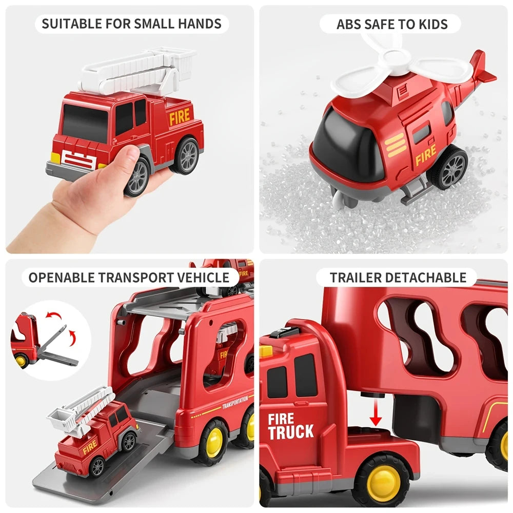 Friction Power 5-in-1 Carrier Truck &amp; Fire Engine Toy Set for Toddlers