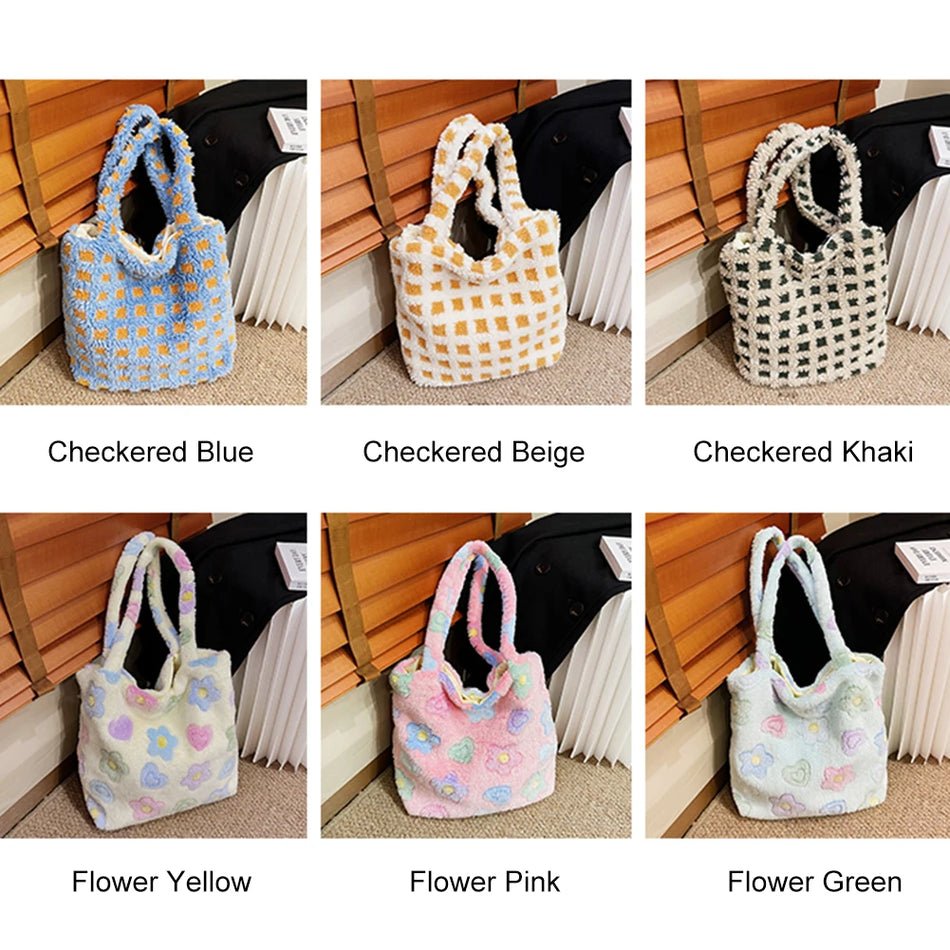 Plüsch Karomuster Blume Top Handle Winter Schultertasche für Frauen