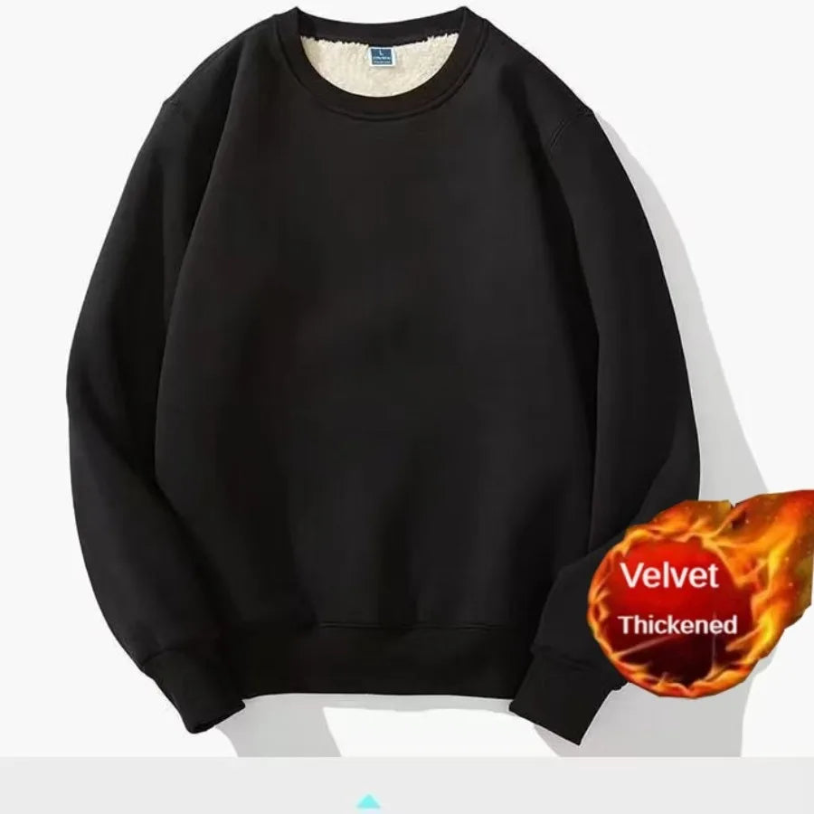 Winter Men Fleece Sweatshirts Keep Warm Underwear Casual Solid Color Pullover Lambswool O-neck Thickened Thermal Underwear Tops black / L  50-60kg