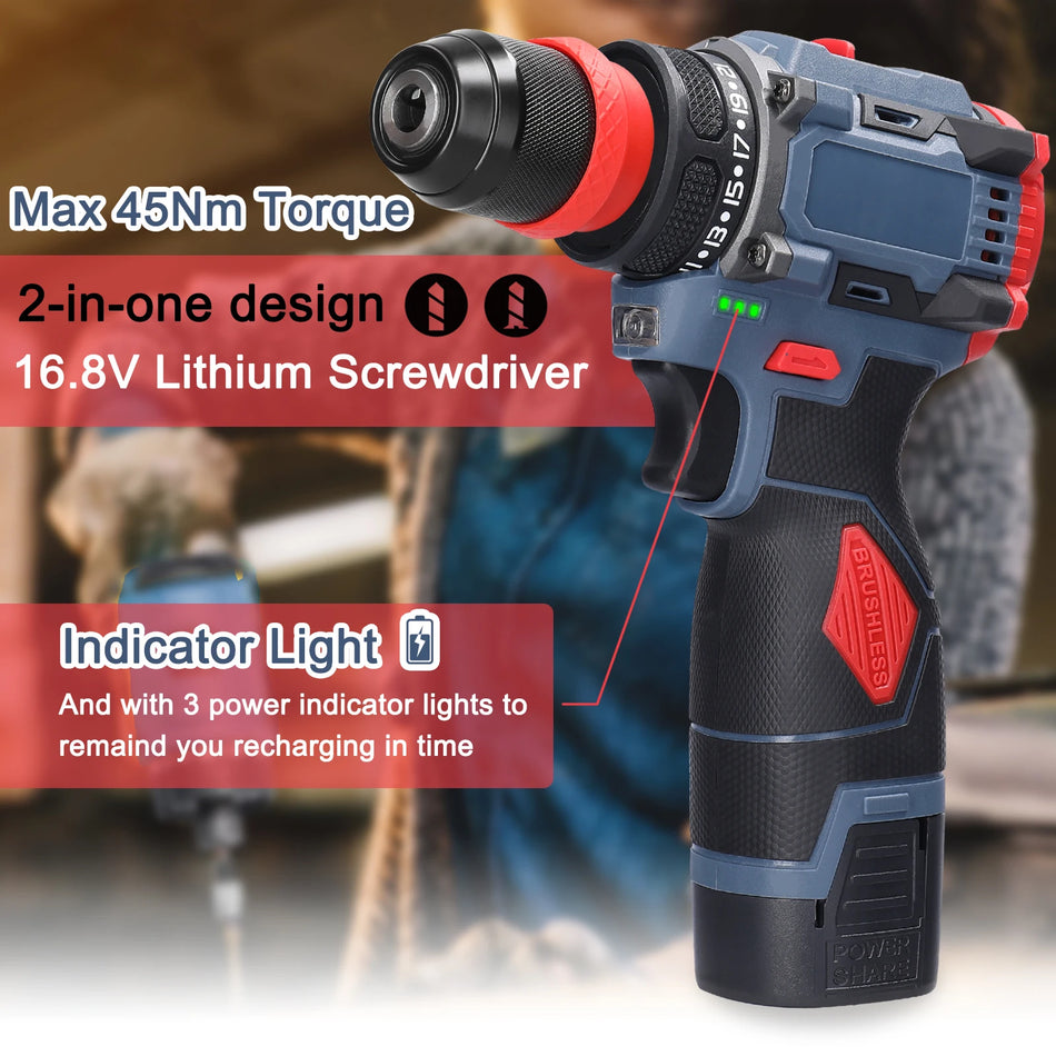 Cordless Brushless 2in1 Screwdriver Drill With 45Nm Torque