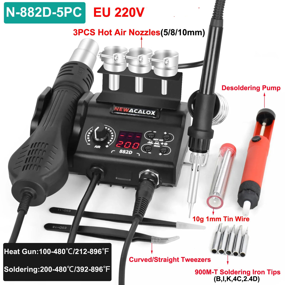 NEWACALOX 882D &ndash; Sleep Function Soldering Station 2-In-1 N-882D-5PC / EU plug 220V / CHINA