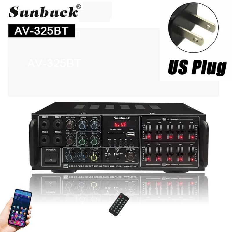 SUNBUCK 325BT Bluetooth Power Amplifiers 110/220V Audio Stereo Digital AMP Support 4 Mic Input USB SD FM AUX With Remote Control 325BT US Plug