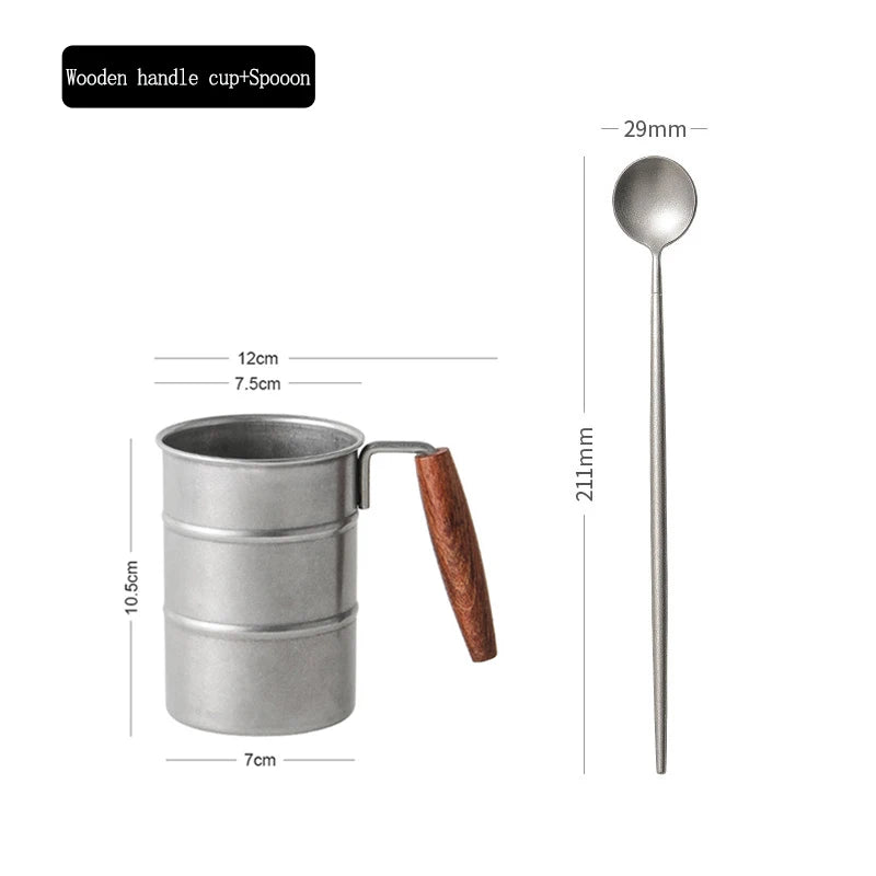Retro Oil Barrel Mug Coffee Cup - Durable Stainless Steel Silver-WH with Spoon / about 370ML