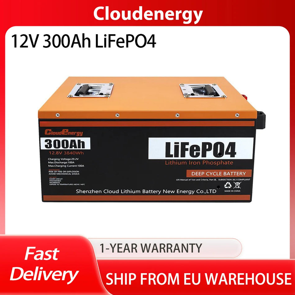 Cloudenergy LiFePO4 12V 300Ah Akumulatoru komplekts ar 3840Wh virs 6000 cikliem 100A BMS off grid lietošanai
