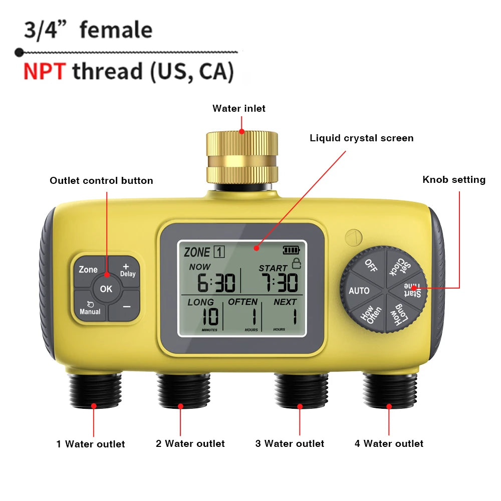 4-Outlet Irrigation Water Timer &ndash; Independent Watering Control System Roller NPT Thread