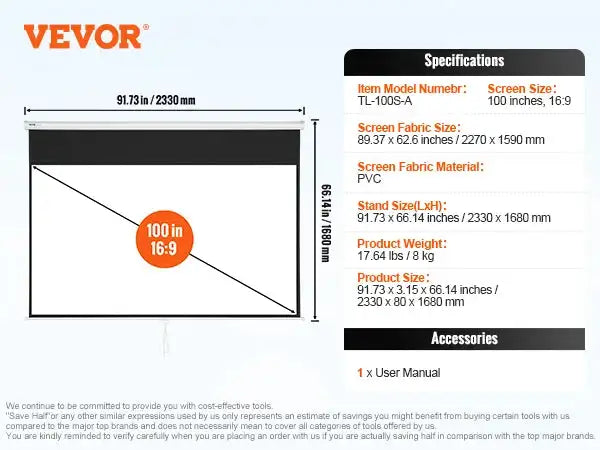 100 Inch Manual Pull Down Projector Screen 16 By 9 100 inch / france