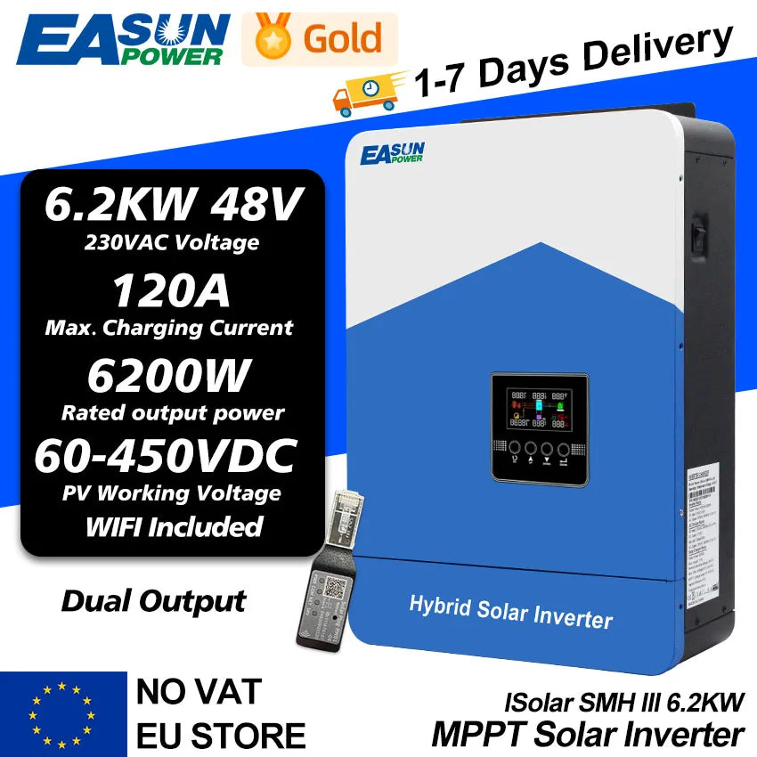 Easun 6200VA Υβριδικός Ηλιακός Αντιστροφέας 48V MPPT 450V Είσοδος WiFi