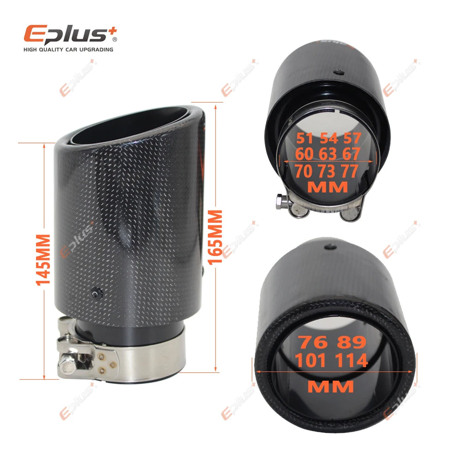 Carbon Fiber Muffler Tip with Stainless Steel, Universal Black 51-77mm