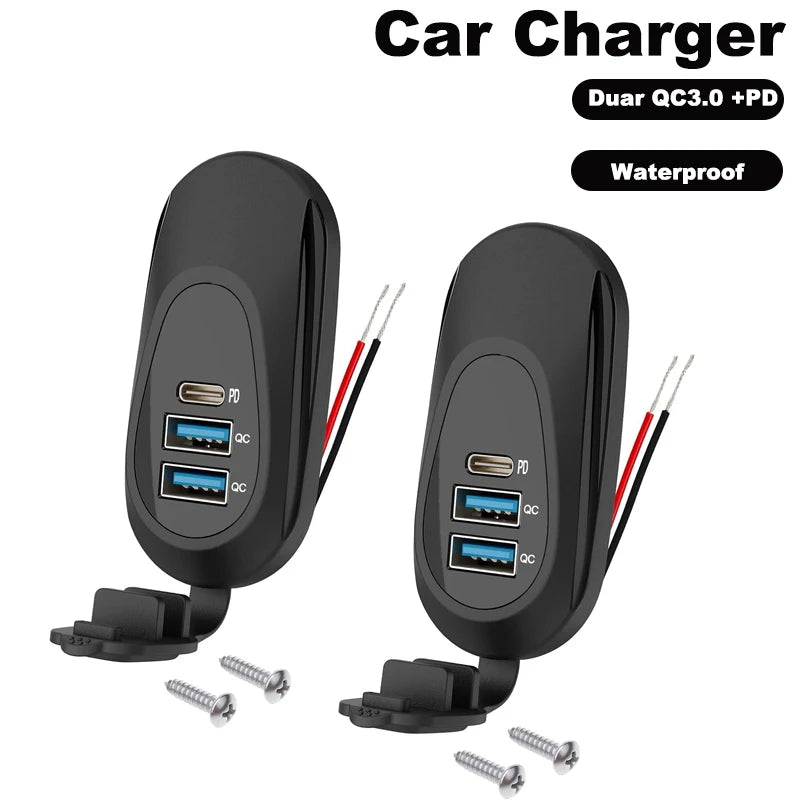 Водонепроницаемое автомобильное зарядное устройство USB-C с быстрой зарядкой QC3.0 и PD для автомобилей 12 В 24 В