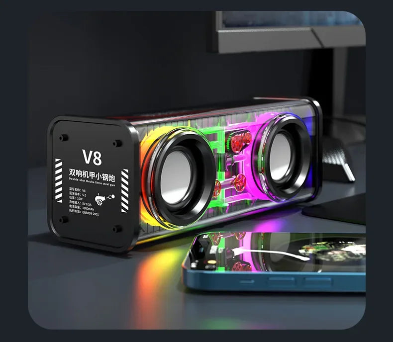 Transparent TWS Bluetooth Speaker 5.0 with Double Bass Diaphragm, RGB Lights, and Dual Subwoofer for Party Music Black