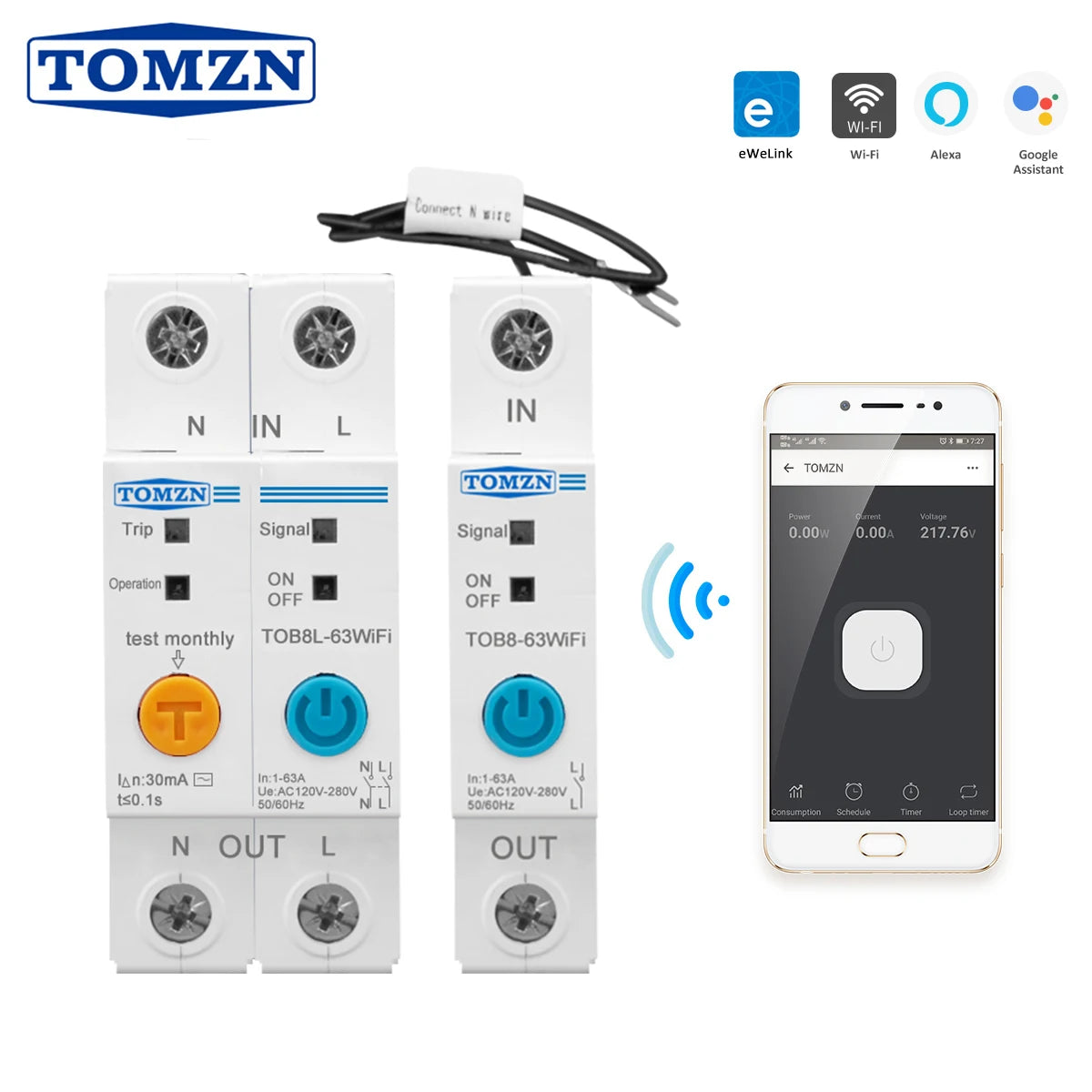 TOMZN 63A WiFi Smart Switch with Energy Meter and Circuit Protection 2P 63A